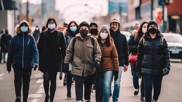 AI Generative Multiracial students walking on city street New normal lifestyle concept with friends wearing face mask going at school photo