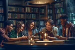 AI Generative Multiracial university students sitting together at table with books and laptop  Happy young people doing group study in high school library  Life style concept with guys and girls photo