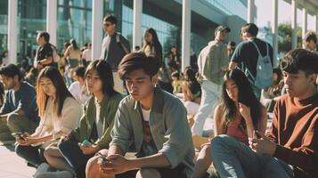 AI Generative Multiracial young people using smart mobile phone device outside  University students looking smartphone sitting in college campus  Teenagers addicted to trendy technology and soci photo