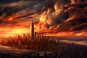 AI Generative New York city panorama at sunset with a dramatic sky in the background photo