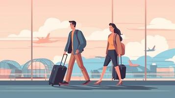 AI Generative New normal concept Couple wearing mask to protect from Covid19 are walking into the city holding suitcase at vacation holiday photo