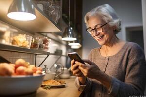 ai generativo más viejo mayor mujer cocinero Cocinando en el cocina a hogar leyendo receta en un tableta dispositivo foto