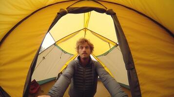 AI Generative POV view of hipster tourist inside tent in front of mountains landscape   Adventure hiking and wanderlust concept photo