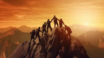 AI Generative People helping each other hike up a mountain at sunrise  Giving helping hand and teamwork concept photo