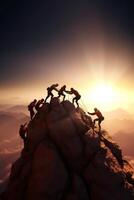 AI Generative People helping each other hike up a mountain at sunrise  Giving helping hand and teamwork concept  Closeup on hands photo