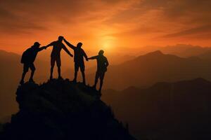 AI Generative People helping each other hike up a mountain at sunrise  Giving helping hand and teamwork concept photo