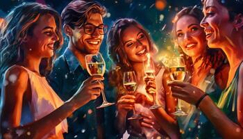 AI Generative People holding glasses toasting at night cocktail bar  Happy friends having fun together outside photo