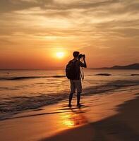 AI Generative Photographer takes a picture during sunrise at the beach  lifestyle concept photo