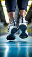 AI Generative Person fastens his shoe before start to run on the treadmill photo