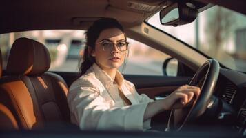 ai generativo foto de positivo encantador mujer conductor disfrutando coche paseo contento joven hembra comprando nuevo auto automóvil industria y alquiler coche concepto