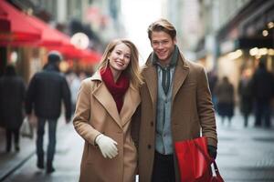 AI Generative Picture showing young couple doing Christmas shopping in the city photo