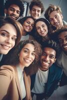 AI Generative Portrait close up picture of happy faces young friends standing in circle and looking at camera  Millenial diverse people taking selfie photo  Life style concept with guys and girl