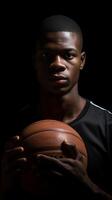 AI Generative Portrait of a basketball player holding ball with hands  Athlete concentrating on game  Selective focus on the ball photo