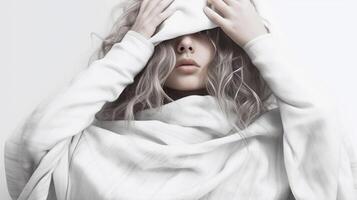 AI Generative Playing hide and seek Beatiful blonde woman hiding her face under the duvet on her white bed photo