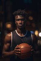 AI Generative Portrait of a basketball player holding ball with hands  Athlete concentrating on game  Selective focus on the ball photo