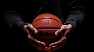 AI Generative Portrait of a basketball player holding ball with hands  Athlete concentrating on game  Selective focus on the ball photo