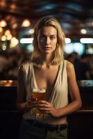 AI Generative Portrait of a beatiful caucasian woman drinking beer with her group of friends at a bar restaurant She is looking at the camera holding the glass photo