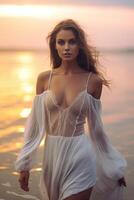 AI Generative Portrait of a beatiful girl with the perfect body at sunrise on the sea photo