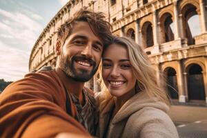 ai generativo retrato de un hermosa contento Pareja a vacaciones en Roma en frente de panteón anfiteatro Italia concepto acerca de fiesta viaje personas y estilo de vida foto