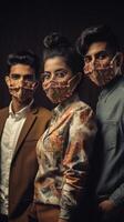 AI Generative Portrait of a group of multiracial people covered by face masks  New normal lifestyle concept with students going to school  Vintage filter photo