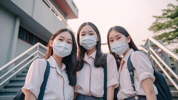 AI Generative Portrait of a group of students wearing face masks New normal lifestyle concept with young people going to school photo