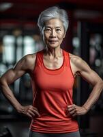 AI Generative Portrait of a mature woman in sportswear exercising with dumbbells at home Older female gym in the apartment Concept about quarantine gym and sport photo