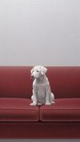 AI Generative Portrait of a puppy white dog sitting on the sofa photo