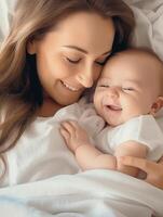 ai generativo retrato de hermosa madre jugando con su niño a hogar contento mamá teniendo divertido participación su bebé en el cama negro y blanco filtrar foto