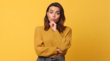 AI Generative Portrait of beautiful young woman thinking posing in casual comfortable clothing isolated on bright yellow background photo