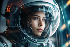 AI Generative Portrait of the adult female astronaut looking at planet earth  Space travel exploration and solar system colonization concept photo