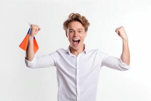 ai generativo retrato de joven hombre gritando a cámara objetivo ganador celebrando protesta anuncio concepto foto