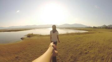 AI Generative Pov style  young couple of travelers enjoying the morning view photo