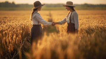 AI Generative Pov view of a happy young woman holding hand of her boyfriend while walking by a wheat field at sunset Couple enjoying travel in the nature photo