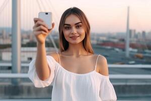 ai generativo bonito caucásico mujer tomando un selfie caminando en el ciudad a vacaciones foto