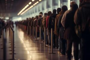 AI Generative Problem of transportation Image of people waiting at gate of the airport Cancelled text photo