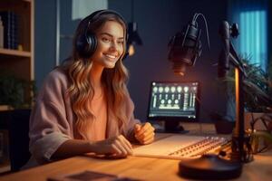 AI Generative Professional female podcaster recording podcast on computer from home studio  Millennial influencer talking in livestream on social media platform  Trendy modern technology concept photo