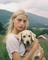 AI Generative Puppy white dog is kissing its caucasian owner in the countryside  caucasian people  animal people lifestyle and nature concept photo