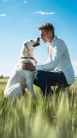 AI Generative Puppy white dog is kissing its caucasian owner in the countryside  caucasian people  animal people lifestyle and nature concept photo