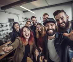 AI Generative Rock music band taking a selfie in a recording studio photo