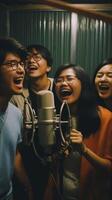 AI Generative Rock music band taking a selfie in a recording studio photo