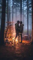 AI Generative Romantic couple celebrating Valentines day outdoor  Boyfriend and girlfriend in love making hearth shape with hands photo