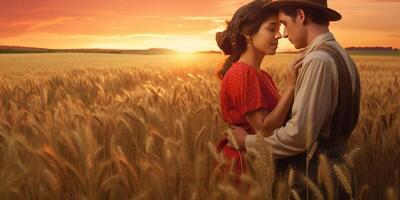 AI Generative Romantic couple in love having a romantic kiss at sunset on a wheat field Blurred effect photo