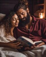 AI Generative Romantic couple in love having fun at home  Boyfriend and girlfriend reading a book together lying on the bed photo