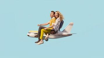 ai generativo romántico Pareja en amor teniendo divertido juntos jugando al aire libre el avión llevar a cuestas a Hora de verano foto