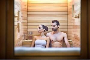 AI Generative Romantic couple in love having fun relaxing at the spa Concept about love people healthcare and lifestyle photo