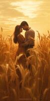 AI Generative Romantic couple kissing at sunset on a wheat field photo