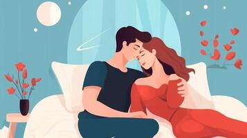 ai generativo romántico Pareja besos acostado en cama novio y Novia en amor foto