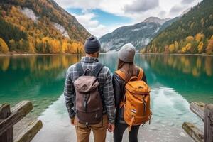 ai generativo romántico Pareja de adultos en amor tomando un selfie en un barco visitando un alpino lago a braies Italia a otoño foto