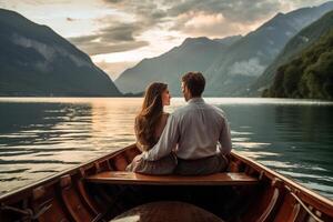 ai generativo romántico Pareja en un barco visitando un alpino lago a braies Italia turista en amor gasto amoroso momentos juntos a otoño montañas concepto acerca de viaje Pareja y viajero foto