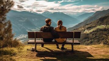 ai generativo romántico Pareja en vacaciones visitando italiano dolomitas Alpes hombre y mujer teniendo divertido juntos sentado en un colina foto